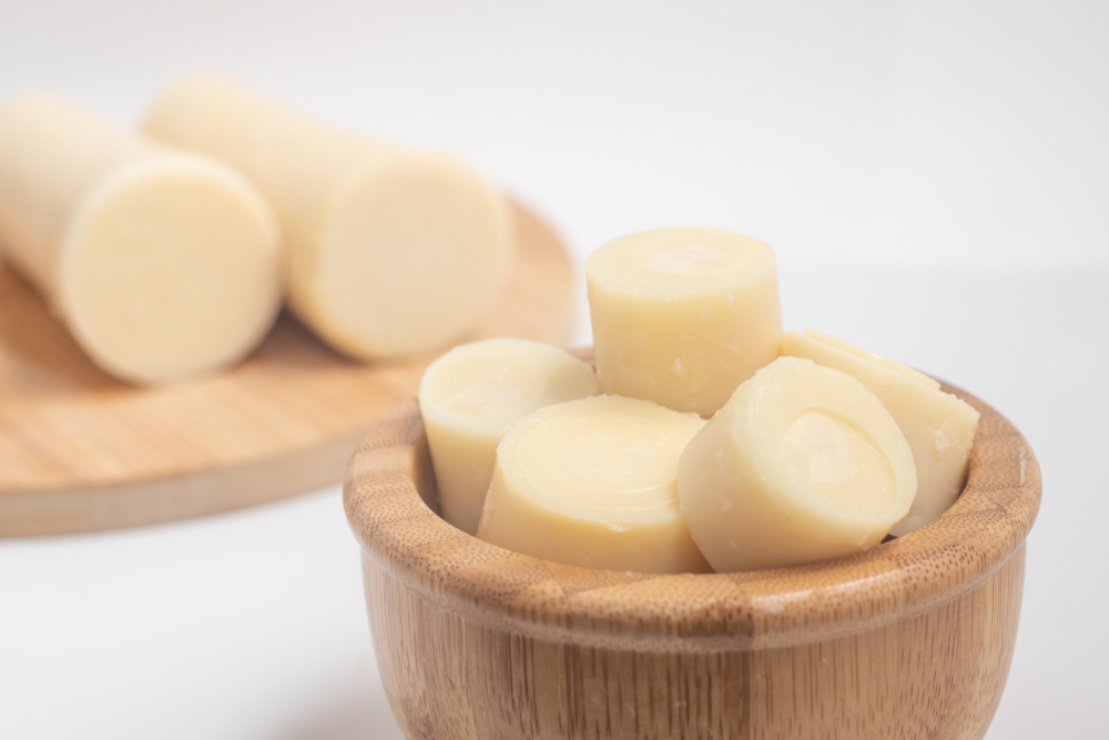 Sliced Palm Heart in a bowl on white background